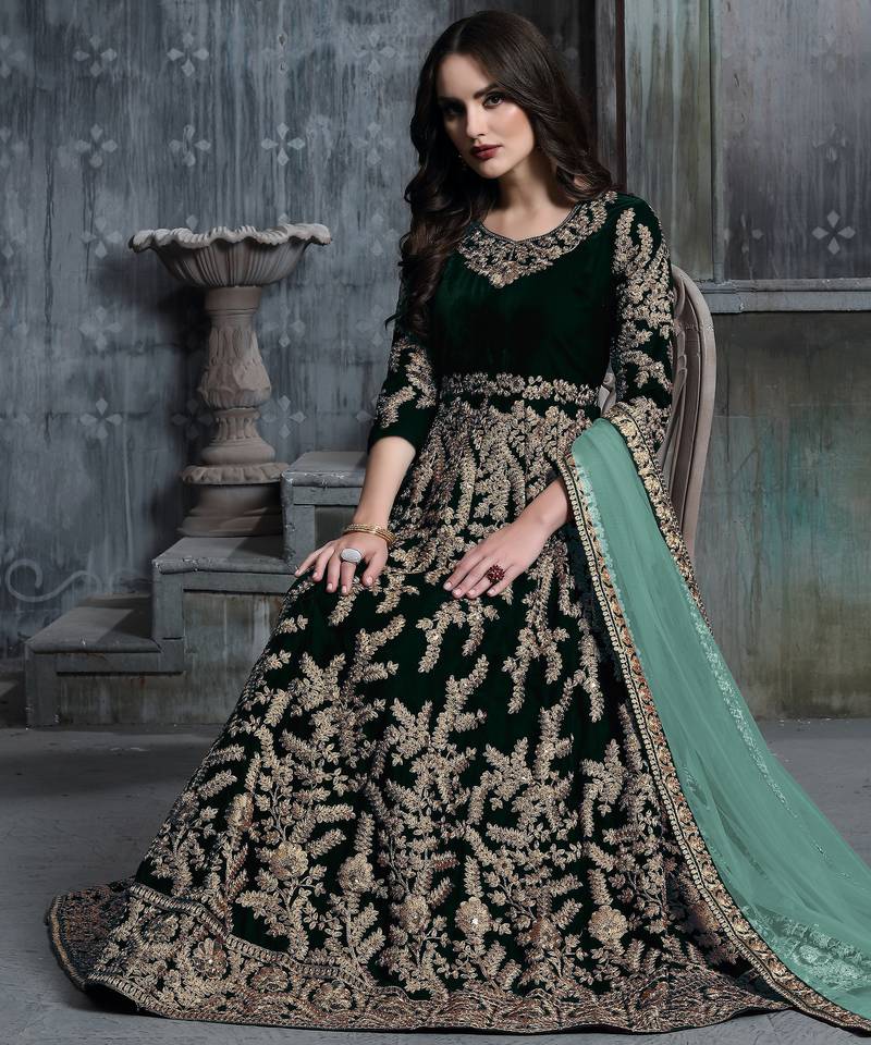 Emerald Green Velvet Cording Work Semi-Stitched Anarkali Gown