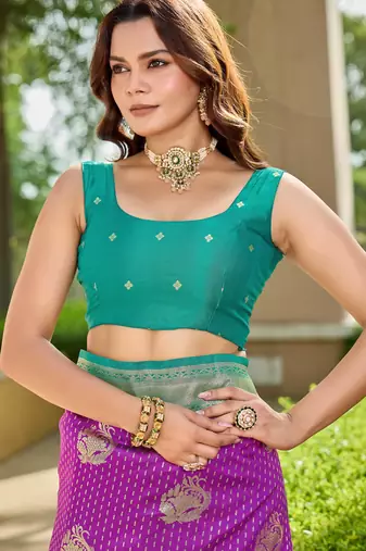 Women's ethnic banarasi silk blend saree | purple color with turquoise border for festive & bridal functions