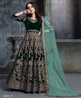 Emerald Green Velvet Cording Work Semi-Stitched Anarkali Gown 3