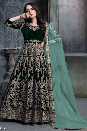 Emerald Green Velvet Cording Work Semi-Stitched Anarkali Gown