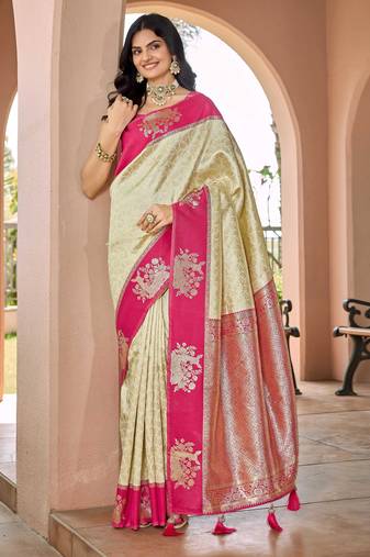 Designer banarasi cream silk saree elegant gold zari work with contrast pink border wedding reception party wear saree