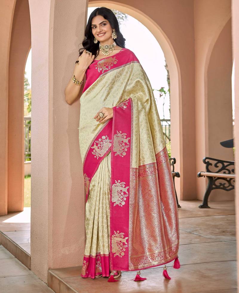 Designer banarasi cream silk saree elegant gold zari work with contrast pink border wedding reception party wear saree