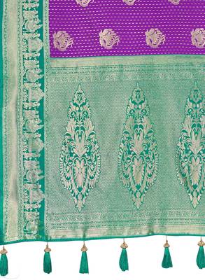 Women's ethnic banarasi silk blend saree | purple color with turquoise border for festive & bridal functions 5