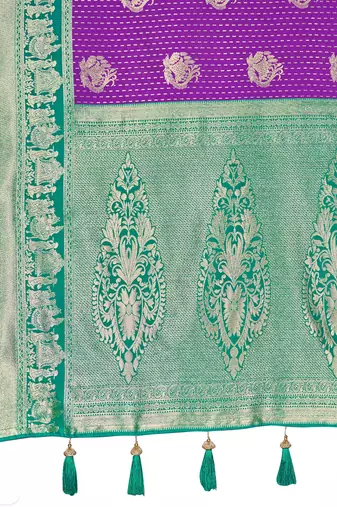 Women's ethnic banarasi silk blend saree | purple color with turquoise border for festive & bridal functions