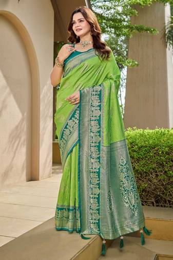 Women's ethnic banarasi silk blend saree | light green color with green border for festive & bridal functions