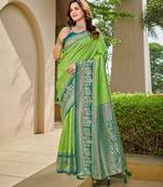 Women's ethnic banarasi silk blend saree | light green color with green border for festive & bridal functions