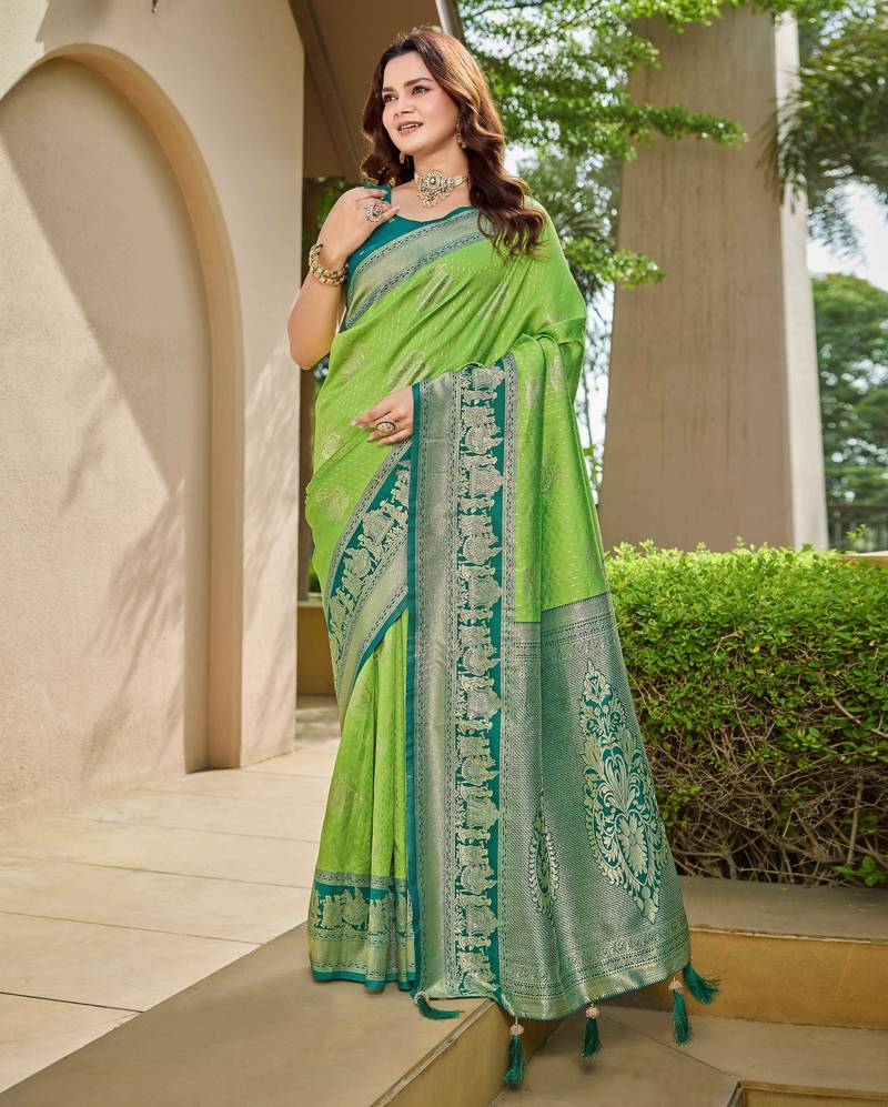 Women's ethnic banarasi silk blend saree | light green color with green border for festive & bridal functions