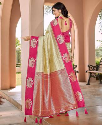 Designer banarasi cream silk saree elegant gold zari work with contrast pink border wedding reception party wear saree 2
