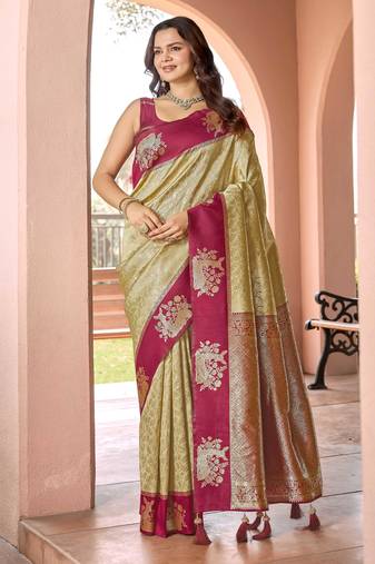 Designer banarasi beige silk saree elegant gold zari work with contrast maroon border wedding reception party wear saree