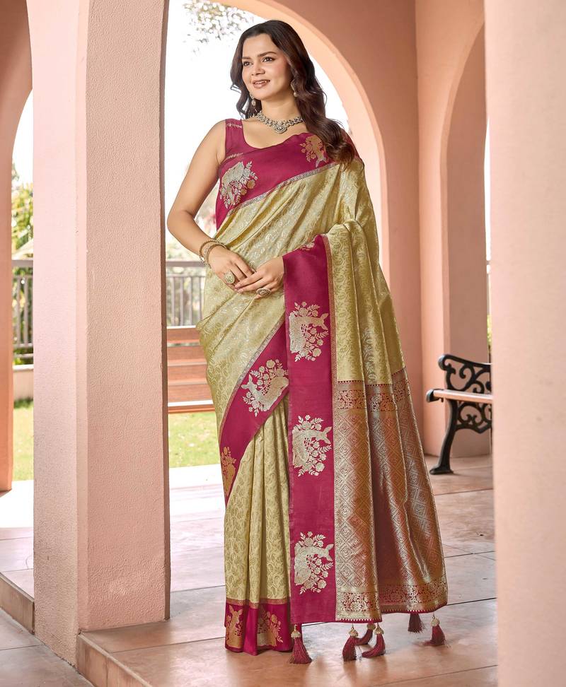 Designer banarasi beige silk saree elegant gold zari work with contrast maroon border wedding reception party wear saree