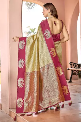 Designer banarasi beige silk saree elegant gold zari work with contrast maroon border wedding reception party wear saree