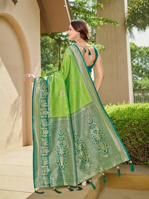 Women's ethnic banarasi silk blend saree | light green color with green border for festive & bridal functions 2