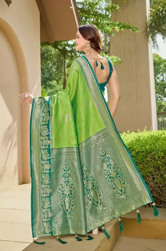 Women's ethnic banarasi silk blend saree | light green color with green border for festive & bridal functions