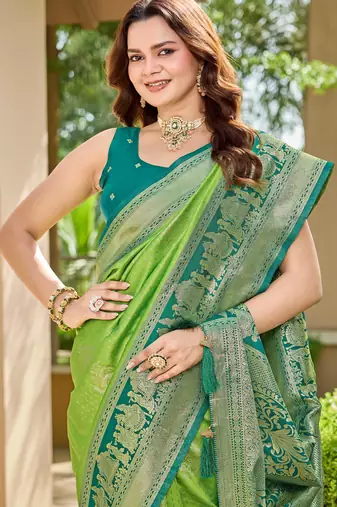 Women's ethnic banarasi silk blend saree | light green color with green border for festive & bridal functions