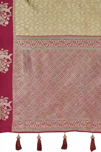 Designer banarasi beige silk saree elegant gold zari work with contrast maroon border wedding reception party wear saree