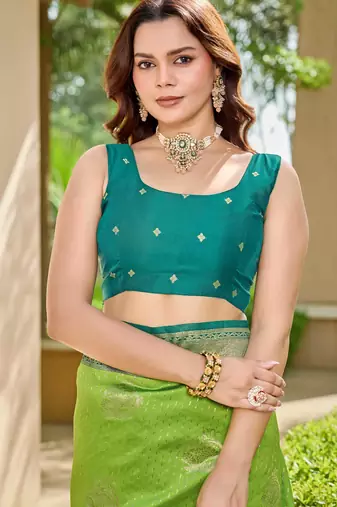 Women's ethnic banarasi silk blend saree | light green color with green border for festive & bridal functions