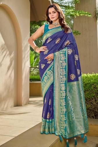 Women's ethnic banarasi silk blend saree | navy blue color with turquoise border for festive & bridal functions