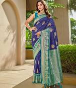 Women's ethnic banarasi silk blend saree | navy blue color with turquoise border for festive & bridal functions