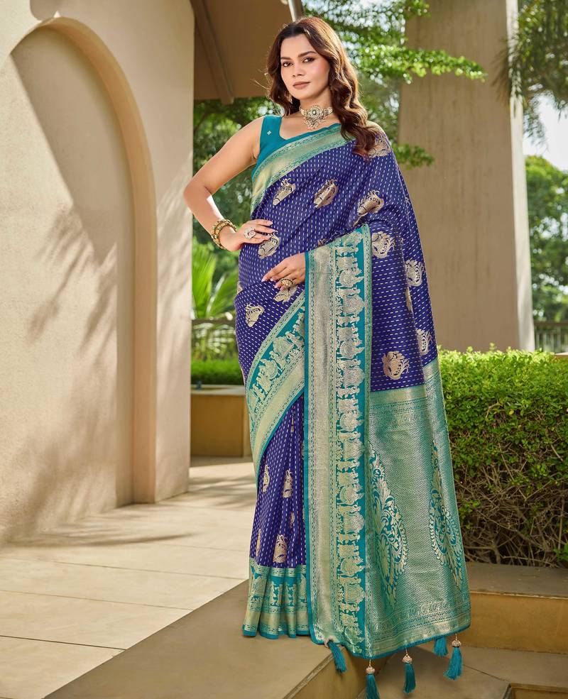 Women's ethnic banarasi silk blend saree | navy blue color with turquoise border for festive & bridal functions