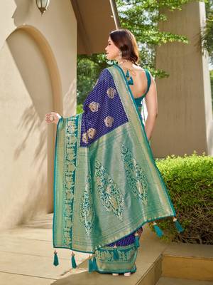 Women's ethnic banarasi silk blend saree | navy blue color with turquoise border for festive & bridal functions 2