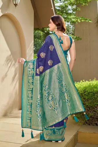 Women's ethnic banarasi silk blend saree | navy blue color with turquoise border for festive & bridal functions