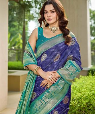 Women's ethnic banarasi silk blend saree | navy blue color with turquoise border for festive & bridal functions 3