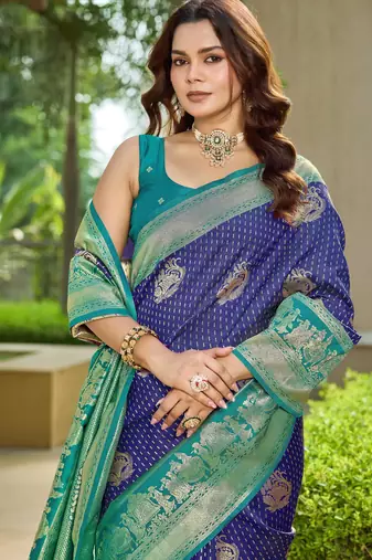 Women's ethnic banarasi silk blend saree | navy blue color with turquoise border for festive & bridal functions