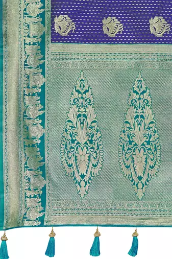Women's ethnic banarasi silk blend saree | navy blue color with turquoise border for festive & bridal functions