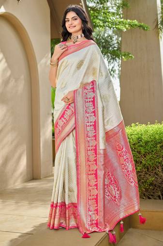Women's ethnic banarasi silk blend saree | white color with pink border for festive & bridal functions