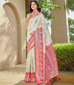 Women's ethnic banarasi silk blend saree | white color with pink border for festive & bridal functions
