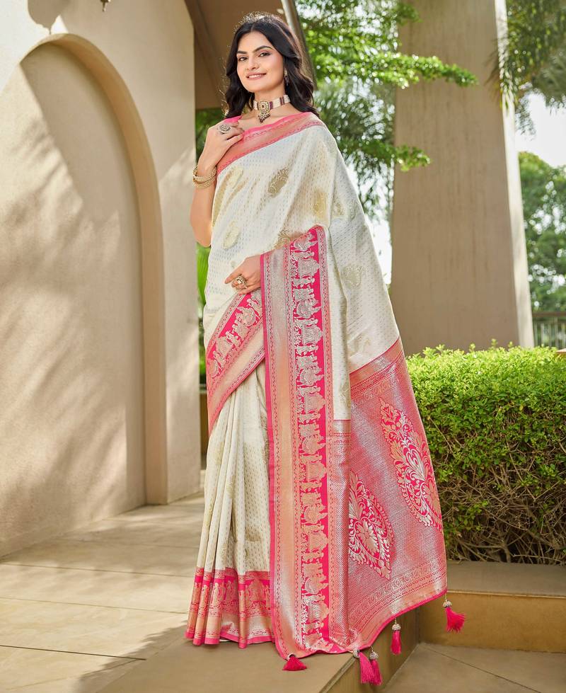 Women's ethnic banarasi silk blend saree | white color with pink border for festive & bridal functions