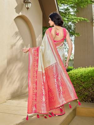 Women's ethnic banarasi silk blend saree | white color with pink border for festive & bridal functions 2