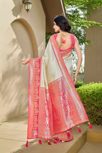 Women's ethnic banarasi silk blend saree | white color with pink border for festive & bridal functions