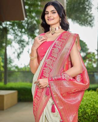 Women's ethnic banarasi silk blend saree | white color with pink border for festive & bridal functions 3
