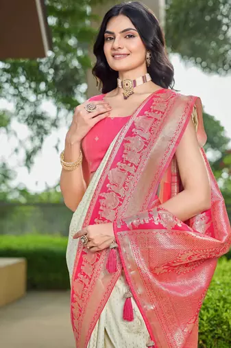 Women's ethnic banarasi silk blend saree | white color with pink border for festive & bridal functions