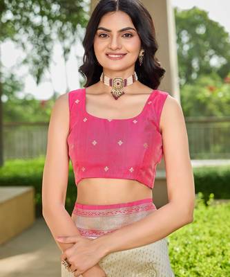 Women's ethnic banarasi silk blend saree | white color with pink border for festive & bridal functions 4
