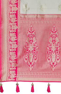 Women's ethnic banarasi silk blend saree | white color with pink border for festive & bridal functions 5