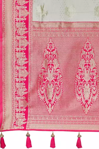 Women's ethnic banarasi silk blend saree | white color with pink border for festive & bridal functions