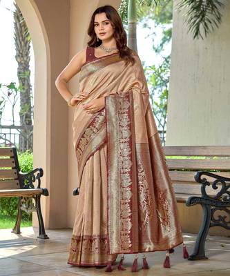 Women's ethnic banarasi silk blend saree | beige color with maroon border for festive & bridal functions 1