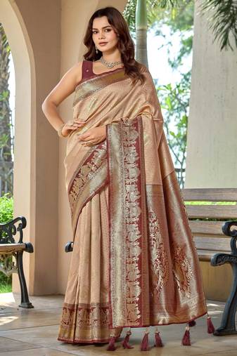 Women's ethnic banarasi silk blend saree | beige color with maroon border for festive & bridal functions