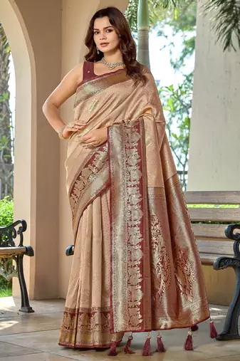 Women's ethnic banarasi silk blend saree | beige color with maroon border for festive & bridal functions