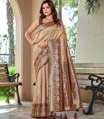 Women's ethnic banarasi silk blend saree | beige color with maroon border for festive & bridal functions