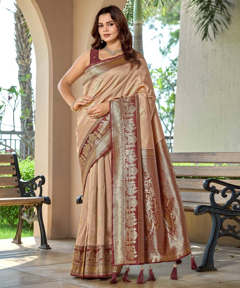 Women's ethnic banarasi silk blend saree | beige color with maroon border for festive & bridal functions