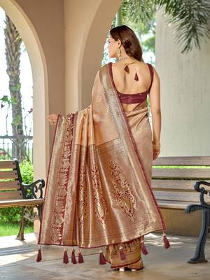 Women's ethnic banarasi silk blend saree | beige color with maroon border for festive & bridal functions 2