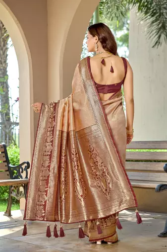 Women's ethnic banarasi silk blend saree | beige color with maroon border for festive & bridal functions