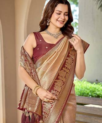 Women's ethnic banarasi silk blend saree | beige color with maroon border for festive & bridal functions 3