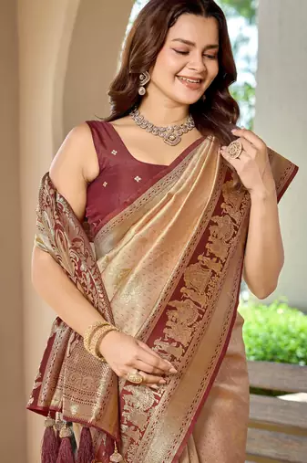 Women's ethnic banarasi silk blend saree | beige color with maroon border for festive & bridal functions