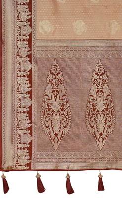 Women's ethnic banarasi silk blend saree | beige color with maroon border for festive & bridal functions 5