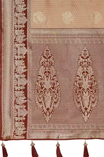 Women's ethnic banarasi silk blend saree | beige color with maroon border for festive & bridal functions