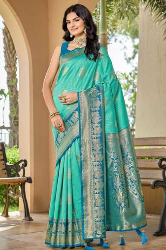 Women's ethnic banarasi silk blend saree | turquoise color with same border for festive & bridal functions